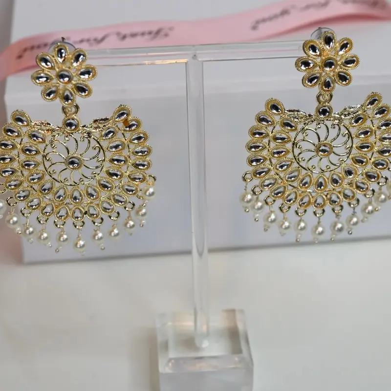 White Indian Earrings with Gold Kundan Pearl Chaandbali and Jhumka Design 3