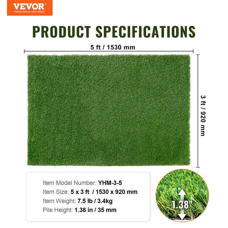 VEVOR Artifical Grass, 0.9 x 1.5 m Rug Green Turf, 35mm Fake Door Mat Outdoor Patio Lawn Decoration, Easy to Clean with Drainage Holes, Perfect For Multi-Purpose Home Indoor Entryway Scraper Dog Mats 6