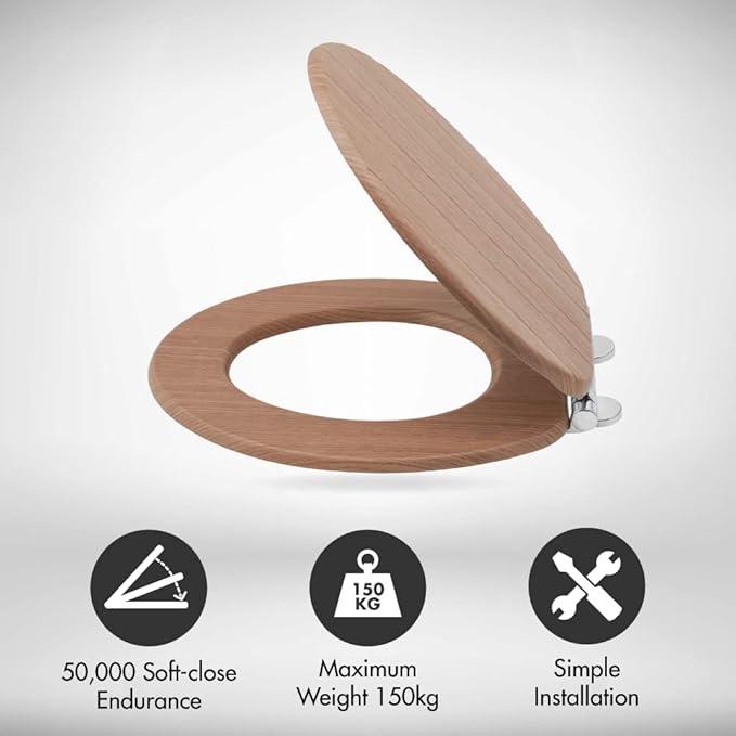 Oak Tongue and Groove Toilet Seat - Luxury Soft Close MDF Moulded Wood, Quick Release Button, Universal Fittings 2