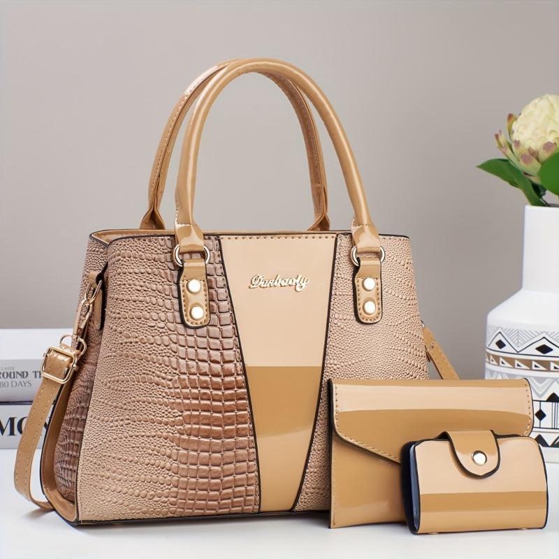 Product Introduction of 3pcs Elegant Faux Leather Satchel with Crocodile Pattern, Sequined, Spacious Multi-Functional Bag, Lightweight Fashion Handbag with Zip Closure and Fixed Shoulder Straps, with Spandex Lining for Women 4