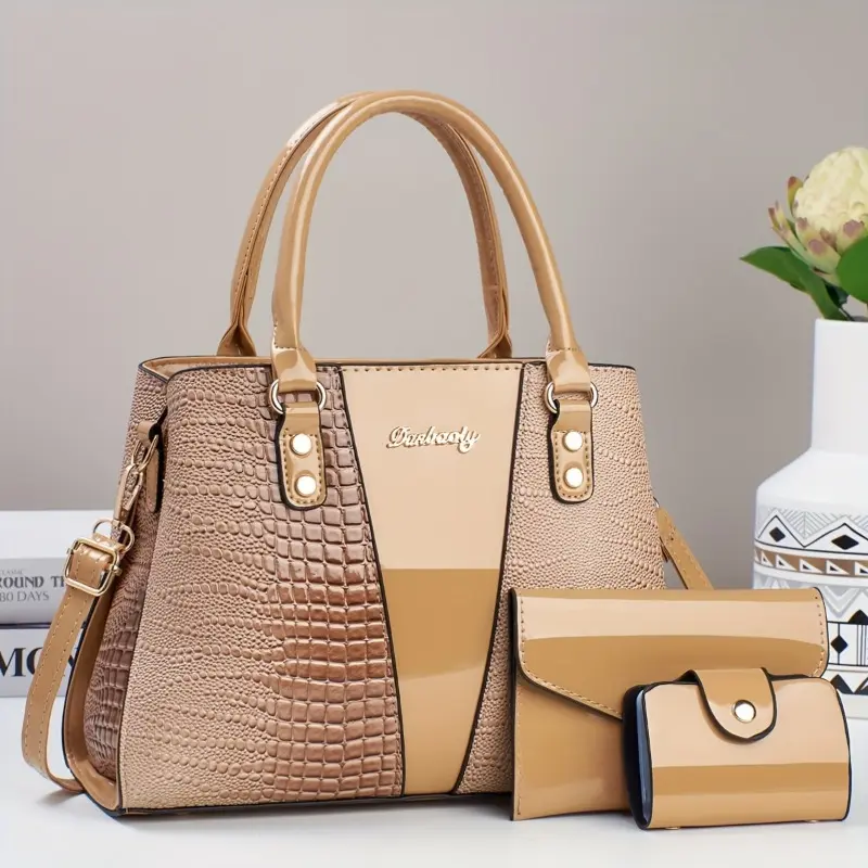 3pcs Elegant Faux Leather Satchel with Crocodile Pattern, Sequined, Spacious Multi-Functional Bag, Lightweight Fashion Handbag with Zip Closure and Fixed Shoulder Straps, with Spandex Lining for Women 4