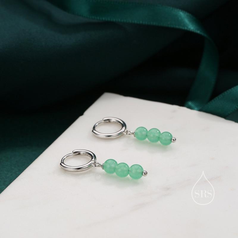 Genuine Green Chalcedony Stone Trio Huggie Hoop Earrings in Sterling Silver, Green Chalcedony Cluster Dangle Earrings, Three Stone Hoops 2