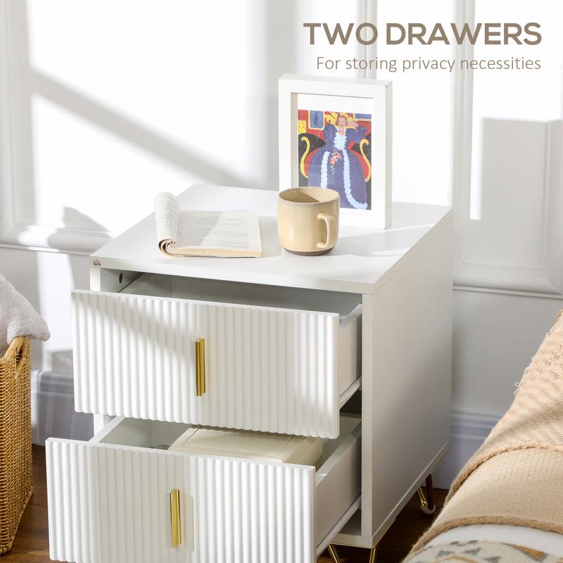 HOMCOM Bedside Table with 2 Drawers, Side End Table, Nightstand Bedside Cabinet with Metal Frame for Living Room, Bedroom, White 4