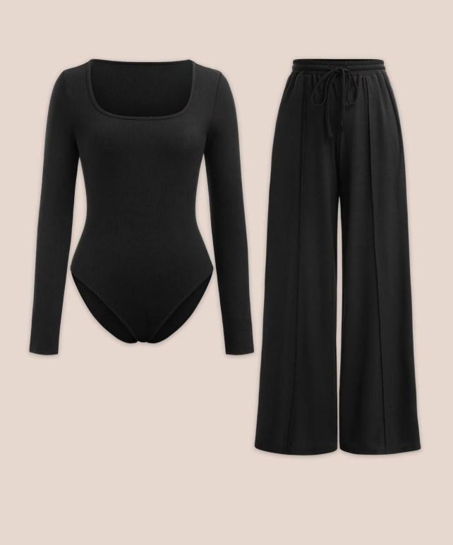 Product Introduction of WOMENS LADIES 2 PIECE MATCHING SET CREW NECK BODYSUITS WIDE LEG TROUSERS PANTS PALAZZO SET LOUNGEWEAR LONGSLEEVES STRETCHY SOFT COMFY LADY ELASTICATED WAIST DRAWSTRING HIGH QUALITY COORD LOUNGESET COMFORT WOMENSWEAR OVERALL Basic Adjustable Comfortable 4