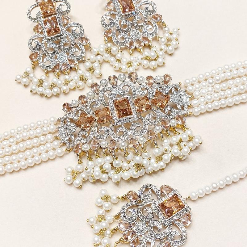 Zircon Choker Set with Real Stone MJB 045 - Bridal Set with Earrings,Tikka, and Pearls Bandhai Necklace 4