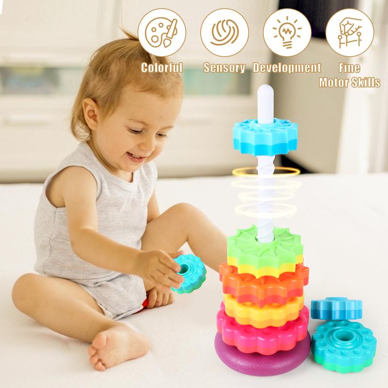 deAO Rainbow Stacking Tower Toy – Colorful Spiral Gear Stacking Game for Toddlers – Interactive Rotating Tower for Early Learning, Hand-Eye Coordination & Motor Skills Development – Safe & Durable Baby Toy 5