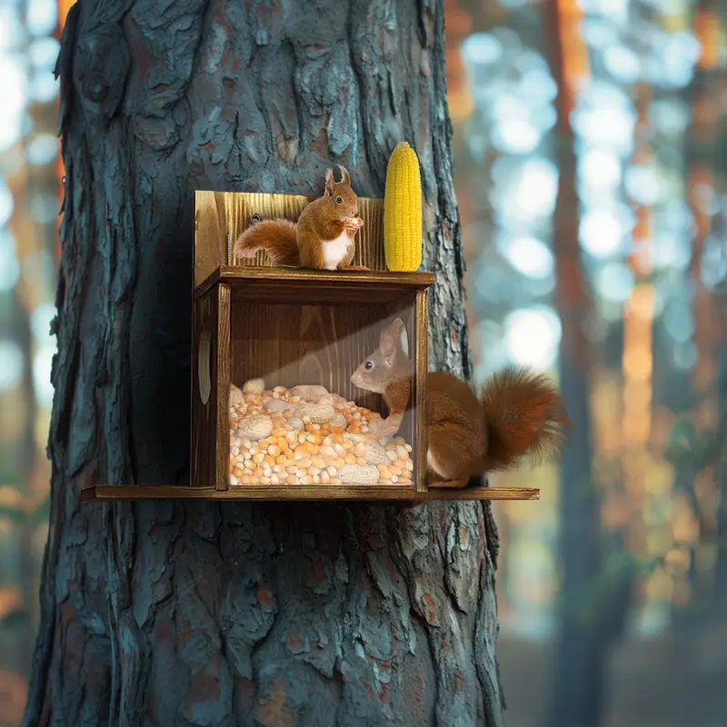 Wood Squirrel Feeder Box for Backyard Garden, Durable Wall Hanging House, Carbonized Wood, Chinchilla Feeder Box 6