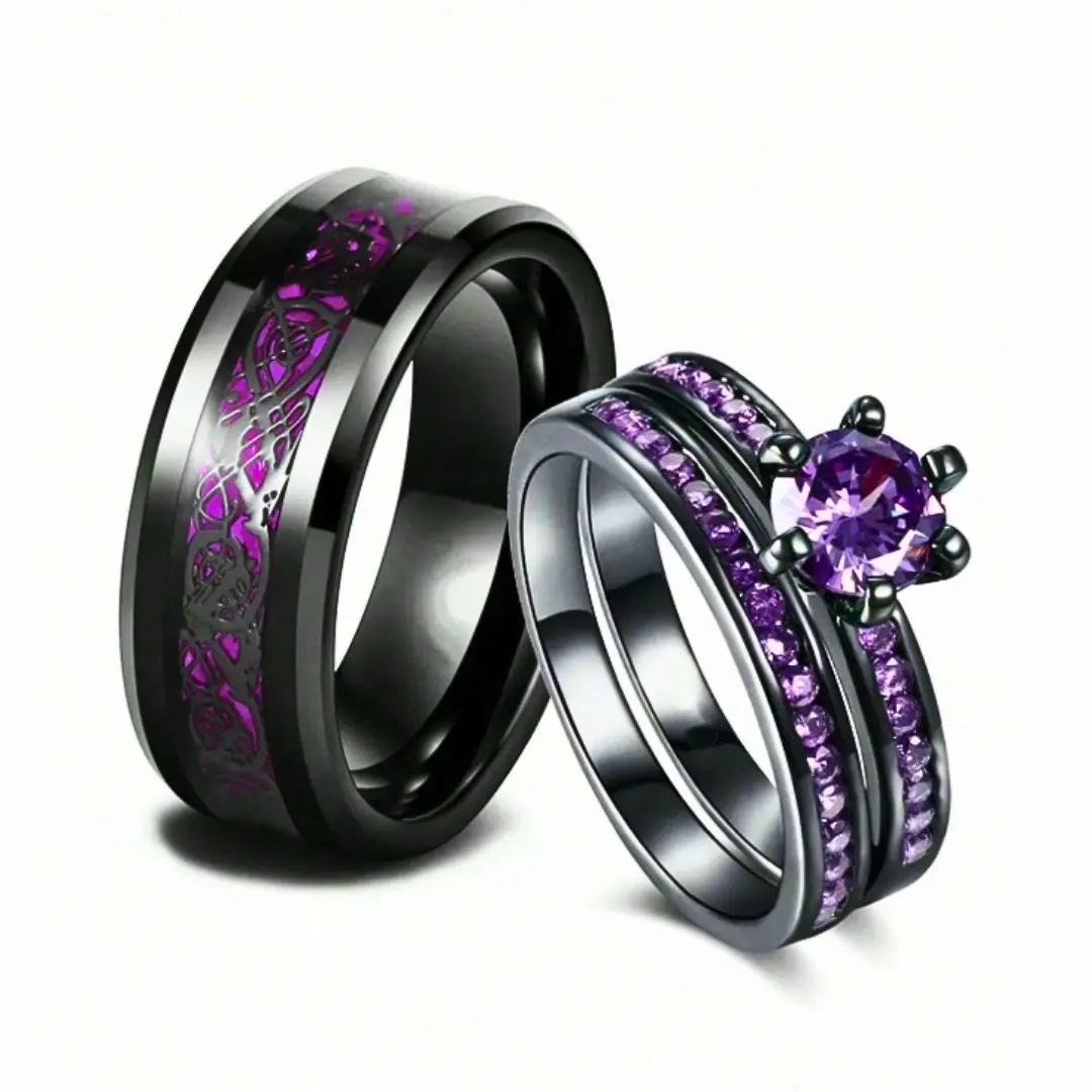 1pc/set Romantic Fashion Couple Rings for Women Purple Stone Ring Set, Stainless Steel Dragon Ring for Men, Jewelry Valentine's Day Couple Gift, Wedding Rings, Engagement Rings