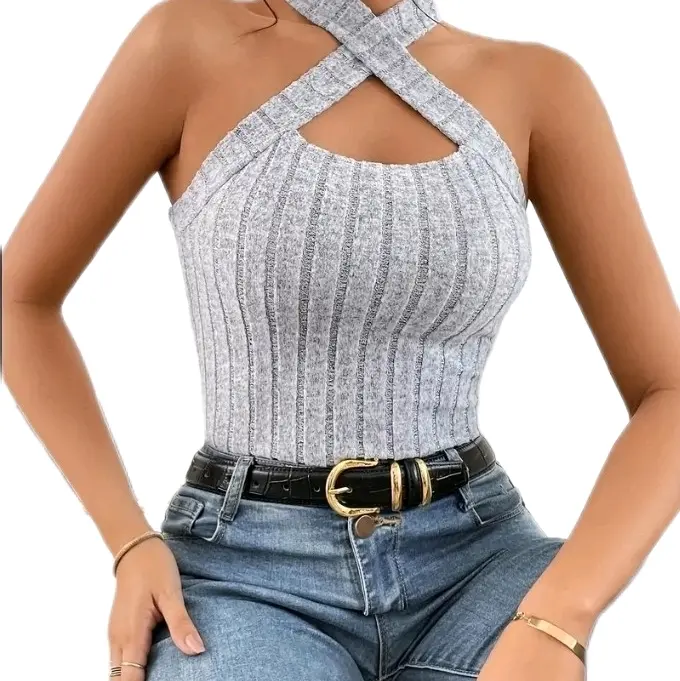 Ribbed Knit Cut Out Halter Top, Elegant Sleeveless Halter Top For Summer, Women's Clothing Breathable Comfortable Elegance Stretchy