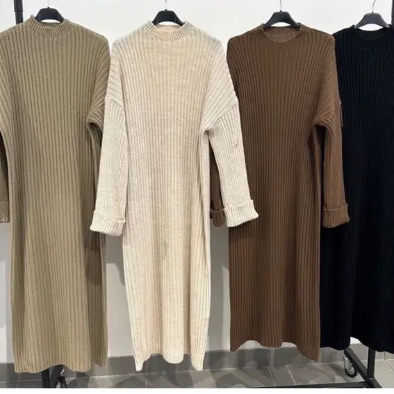 Women's Long Cozy Knit Dress with Turn Up Sleeves - Casual Maxi Dress for Curvy Jumper - Womenswear Winter Comfortable Elegant Evening 2