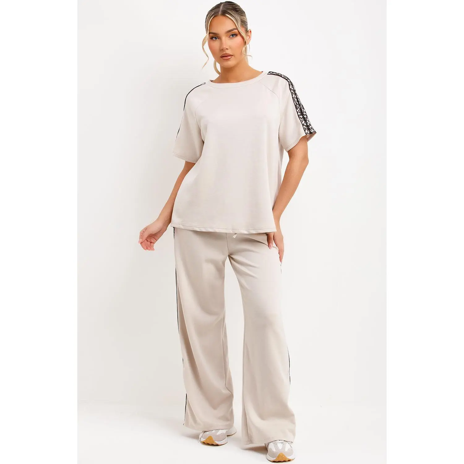 Leopard Print Stripe Wide Leg Trousers And Top Co Ord Set Beige