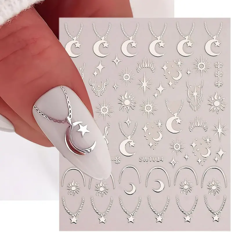 6 Sheets Nail Stickers Self Adhesive Nail Art Stickers Star Moon Sun Gold Silver Foil Nail Decals for Women Nail Art Decoration Accessories 2