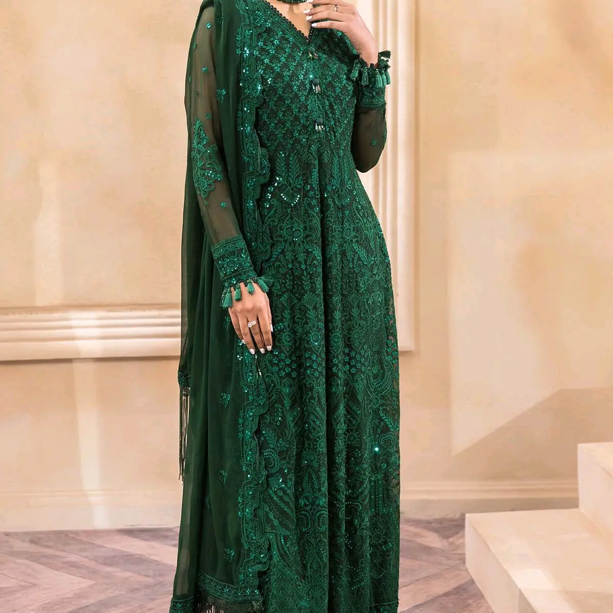 FARASHA BOTTLE GREEEN CHIFFON SUIT
