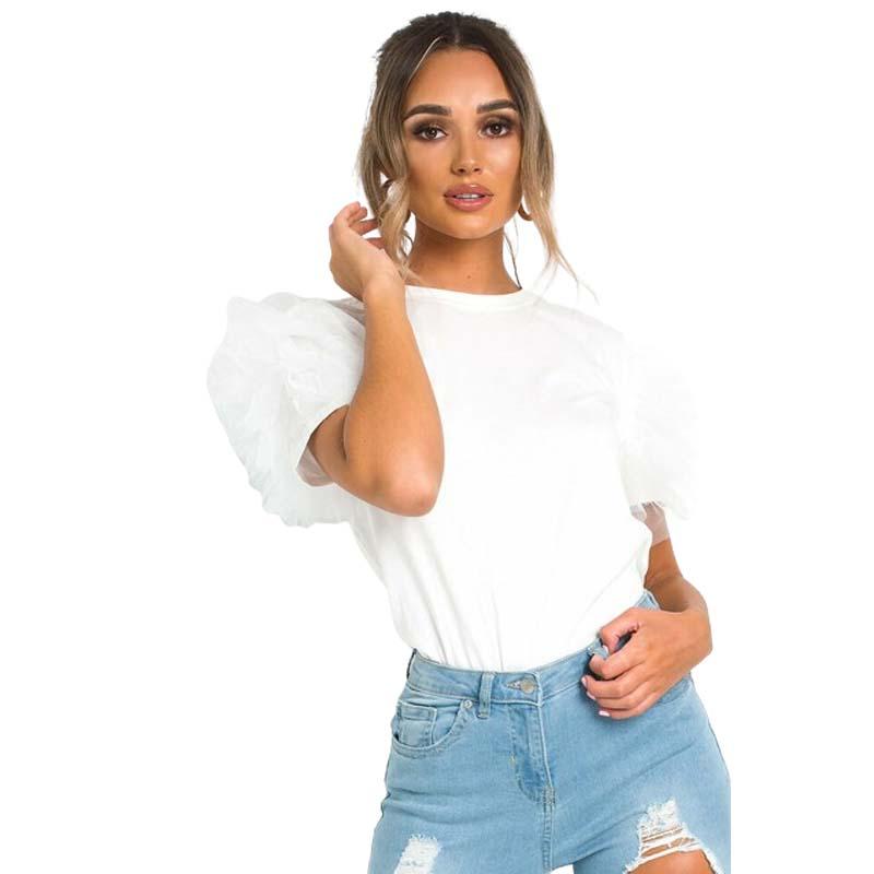 Womens Ladies Tulle Scoop Neck Frill Mesh Puff Short Sleeve Party Tee TShirt Top 6