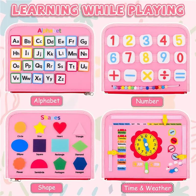 Busy Board for Toddlers, 34 IN 1 Montessori Toys Sensory Activities Preschool Educational Toys for Learning Fine Motor Skills for 2 3 4 5 6 Years, Travel Toys on Plane for Girls Gift - Pink/Unicorn 1