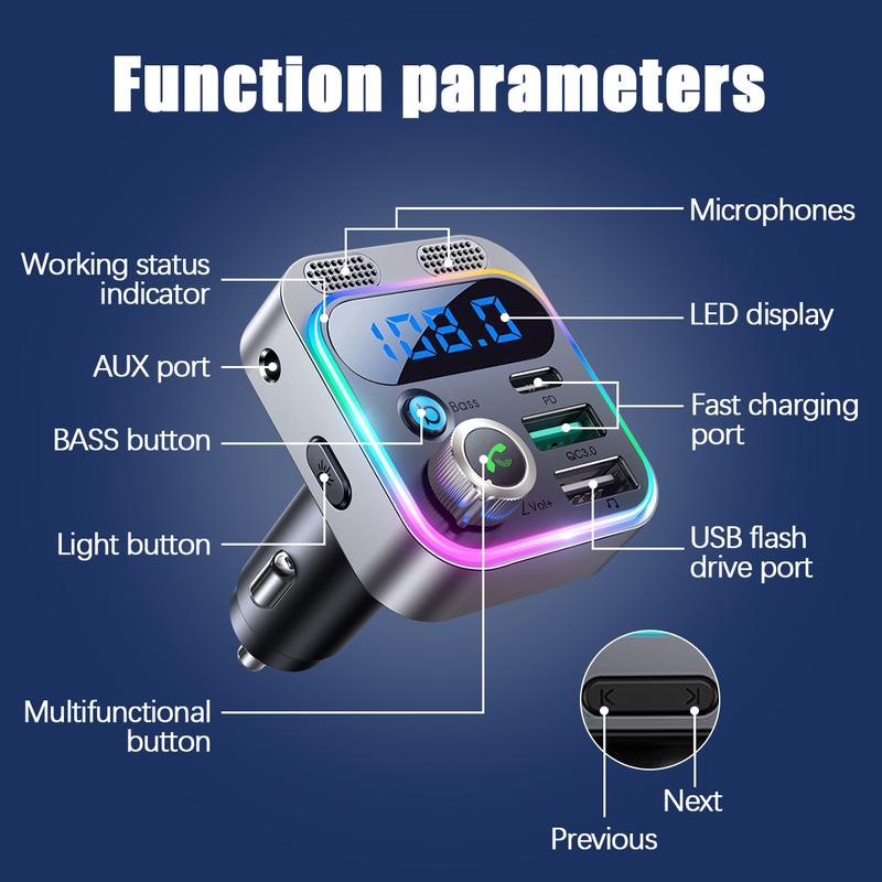FM Transmitter for Car,Bluetooth 5.3 [Stronger Dual Mics & HiFi Deep Bass Sound] , 48W PD&QC3.0 Bluetooth Car Adapter, Hands-Free Calling, Larger LED, AUX Output & U Disk 6