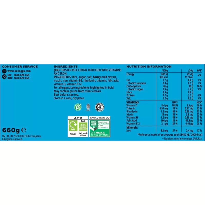2x Kellogg's Rice Krsipies Big Pack of 660G with toasted Rice Cereal, fortified with Vitamins and Iron and approx of  22 Servings 2