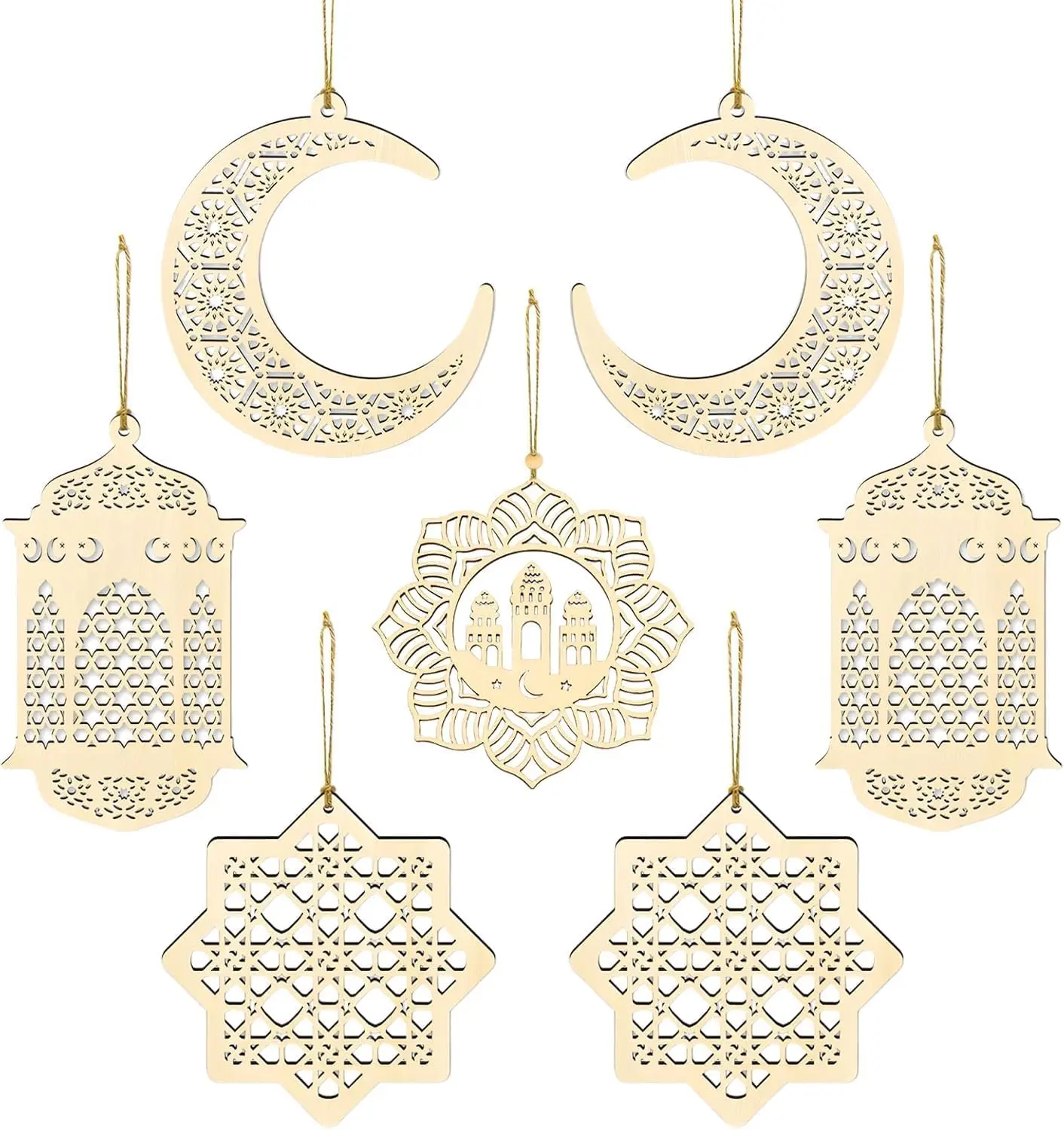 Ramadan Decorations for Home - 7 Pcs Wooden Pendant Moon Star Wind Light Castle Shape Hanging Eid Decorations, Ramadam Eid Mubarak Ornament for Outdoor Home Decorations