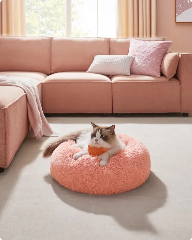 Dog Bed, Donut Cat Bed, Fluffy Calming Pet Bed with Removable, Washable Cover, Soft Long Plush, 50 cm, Pink PGW037R01 1
