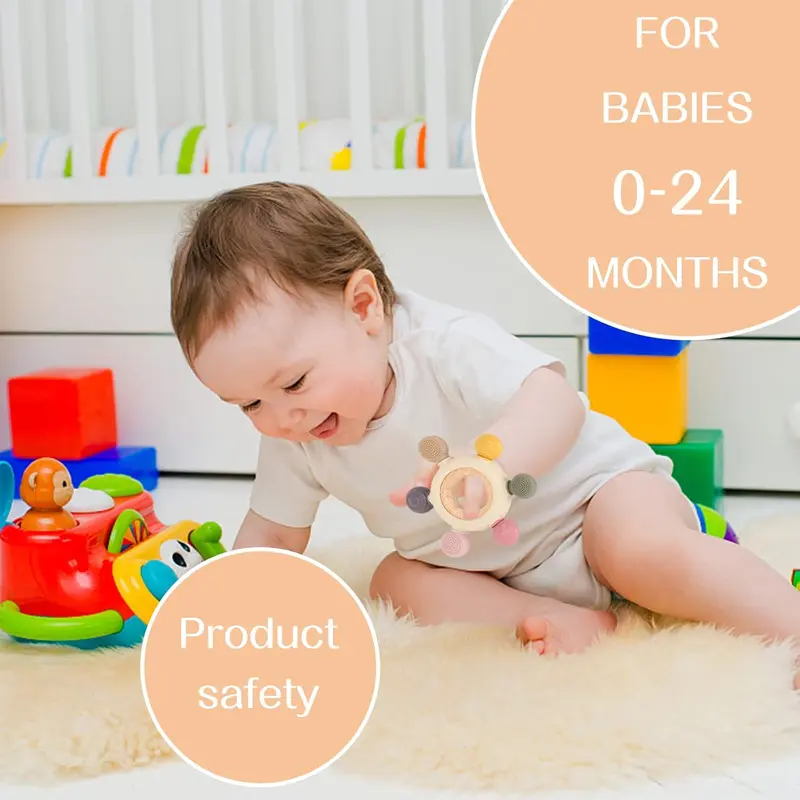 Baby Teether Silicone Teething Toys for Baby 3+ Months with Wooden Ring BPA Free Boys Girls Baby 2