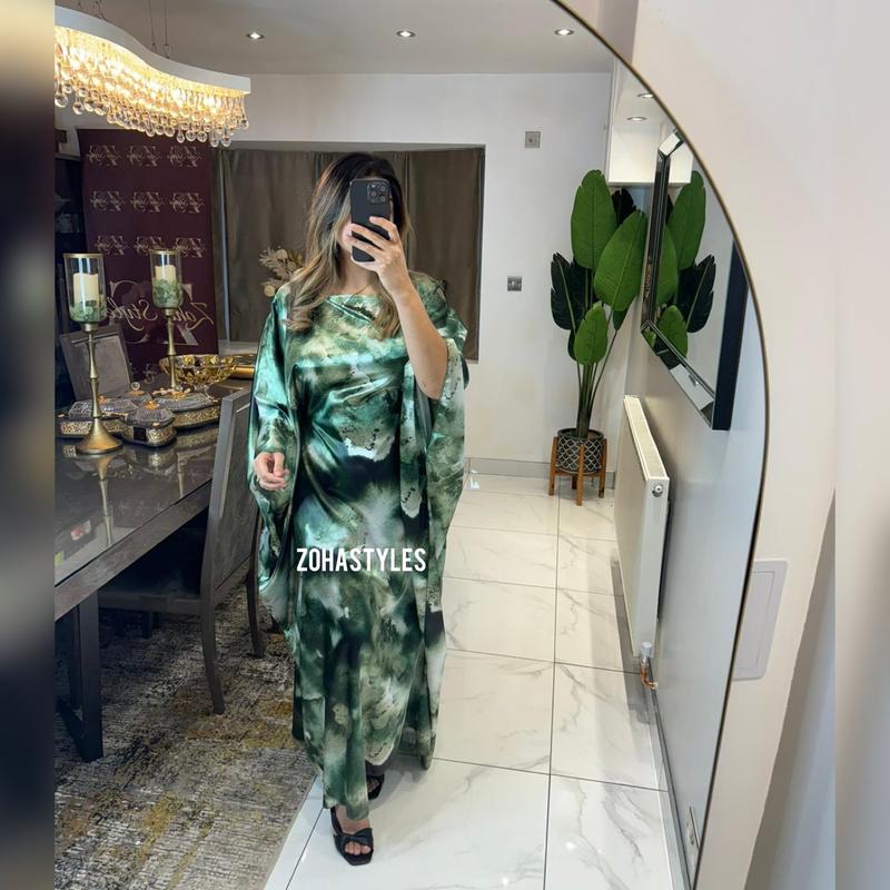 Women's Ladies Satin Marble Print Tie Kaftan Abaya Dress Modesty 4