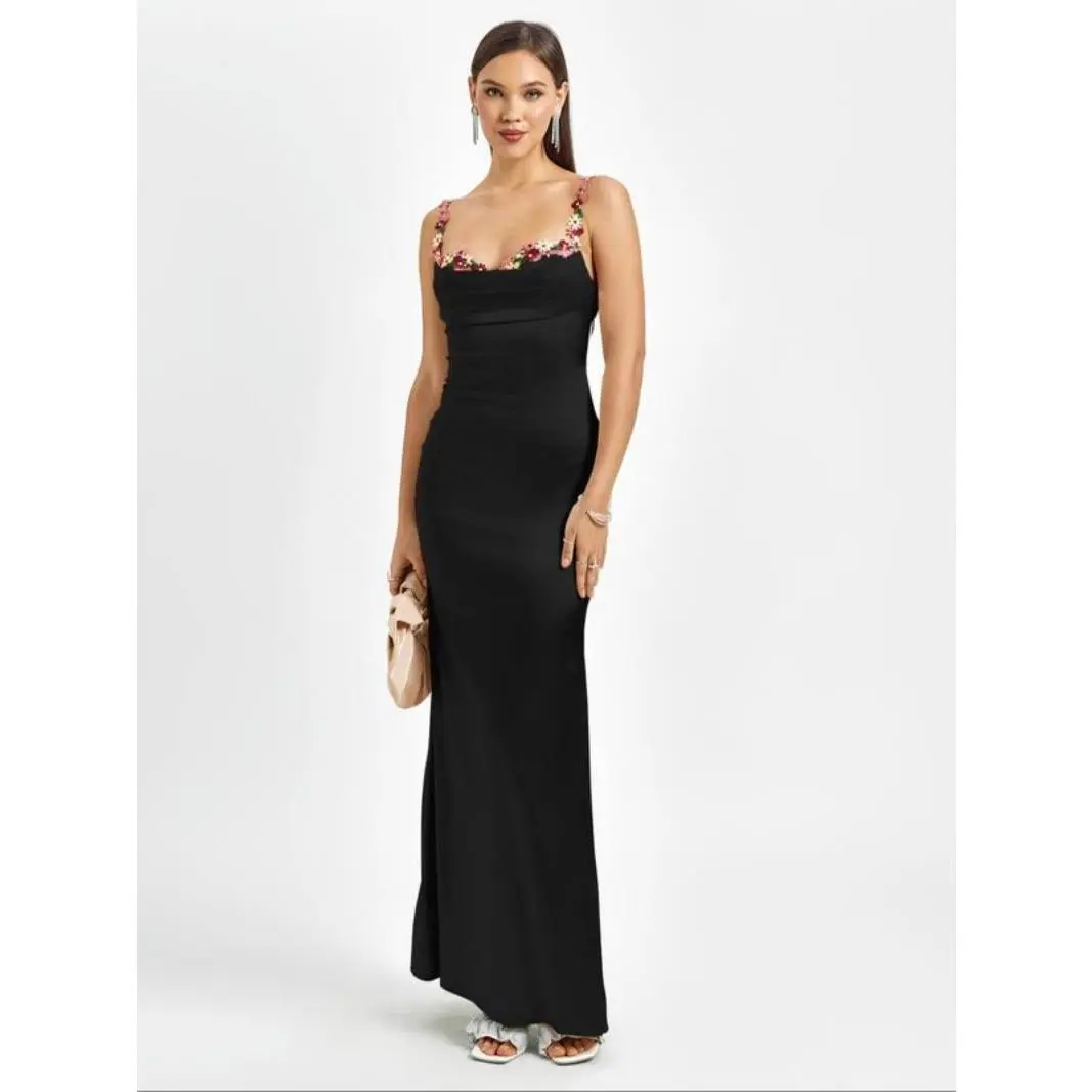 Women's Plain Flower Decor Ruched Backless Bodycon Cami Dress, Elegant Tie Back Sleeveless Maxi Dress for Party Club Dating Wear, Ladies Summer Clothes