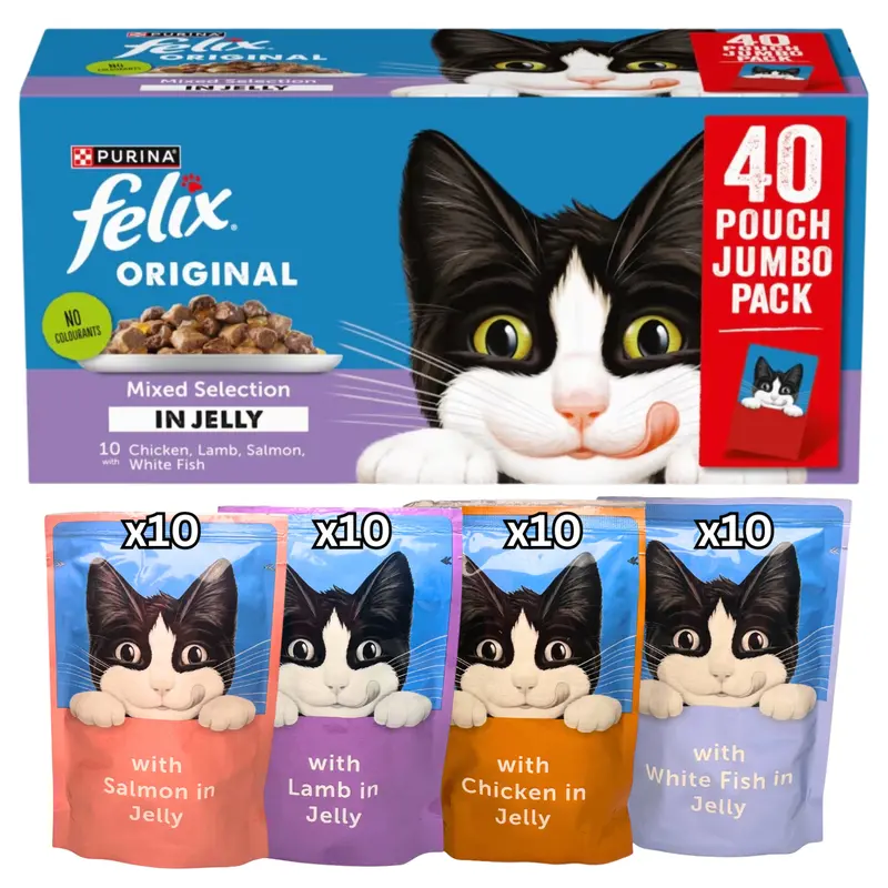 Purina Felix Original Mixed Selection In Jelly Adult Cat Food - Pack of 40 x 85g (Flavours: 10x White Fish, 10x Chicken, 10x Lamb, 10x Salmon) 0