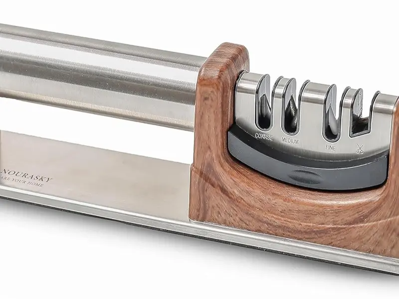 Noura Sky Knife Sharpener 4 in 1 | Kitchen Knives & Scissors | Professional 3 Stages Manual Knife Sharpening | Non-Slip Base (Wooden Color). 0