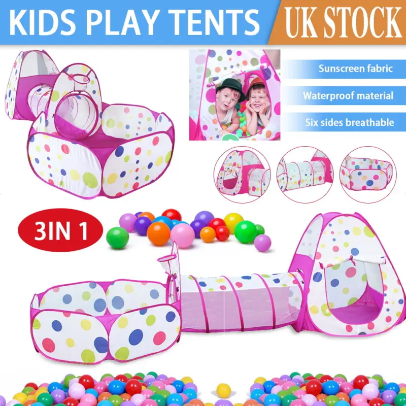 3 in 1 Kids Play Tent Baby Tunnel Ocean Ball Pit Toy Playhouse Indoor Outdoor UK 0