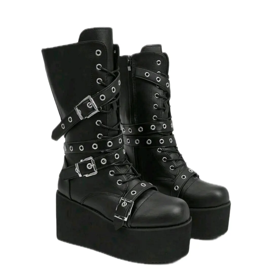 Women's Black Mid-Calf Punk Boots with Thick Sole for Christmas and New Year Holiday - Punk Goth Style - Girl, Footwear