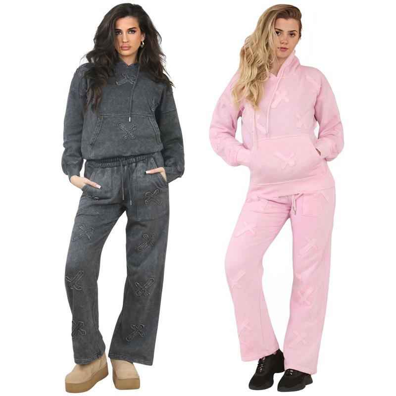 Womens Basic Cross Applique Tracksuit Oversized Drop Shoulder Hoodie Wide Leg Joggers 0