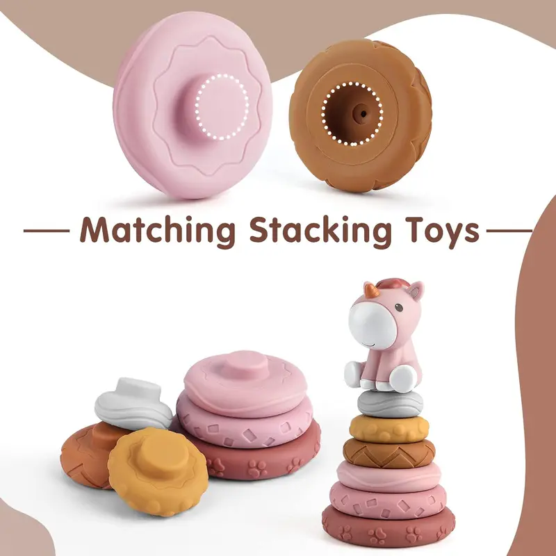 7 Pcs Stacking & Nesting Baby Toys, Squeeze Teething Baby Toys and Building Circle with Horse Figure, Early Educational Christmas Toy Gifts for 6 Months Baby Toddler Girls (Classic Edition) 7