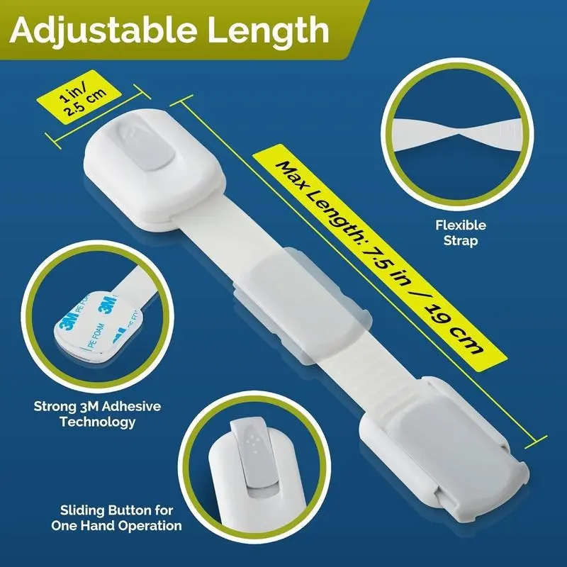 Child Safety Strap Locks (4-Pack) Baby Locks for Cabinets and Drawers, Toilet, Fridge&amp; More.3M Adhesive Pads.Easy Installation.(White/Gray) 3