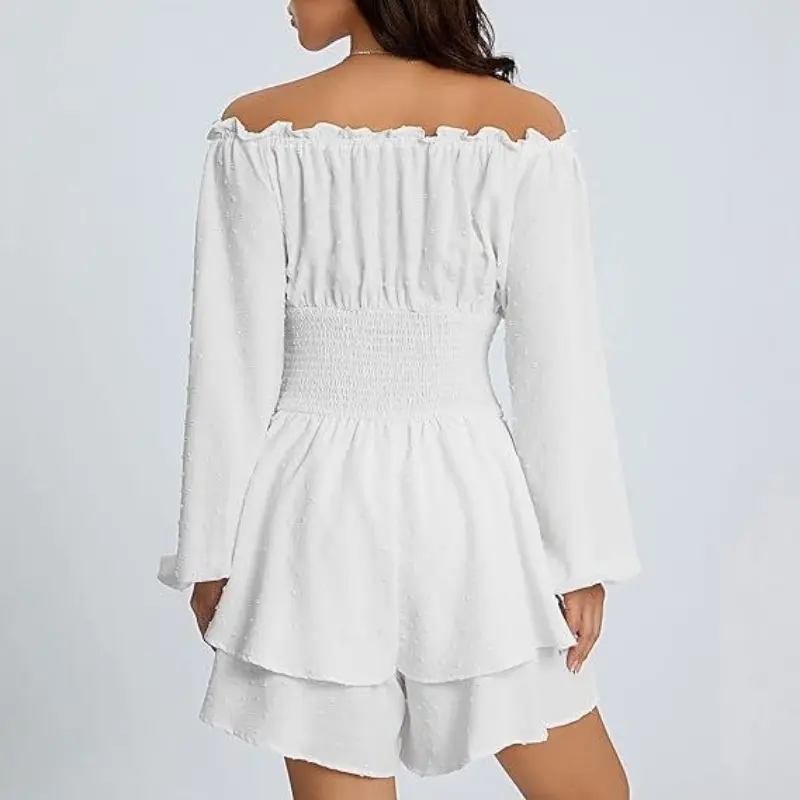 Valentine's Day Women's Chic Swiss Dot Frill Trim Shirred Bishop Sleeve Romper, Galentine Party Outfit, Elegant Valentine's Day Style Square Neck Romper for Spring & Fall, Valentine's Day Outfit, Valentine's Day Gift for Girlfriend or Wife 3
