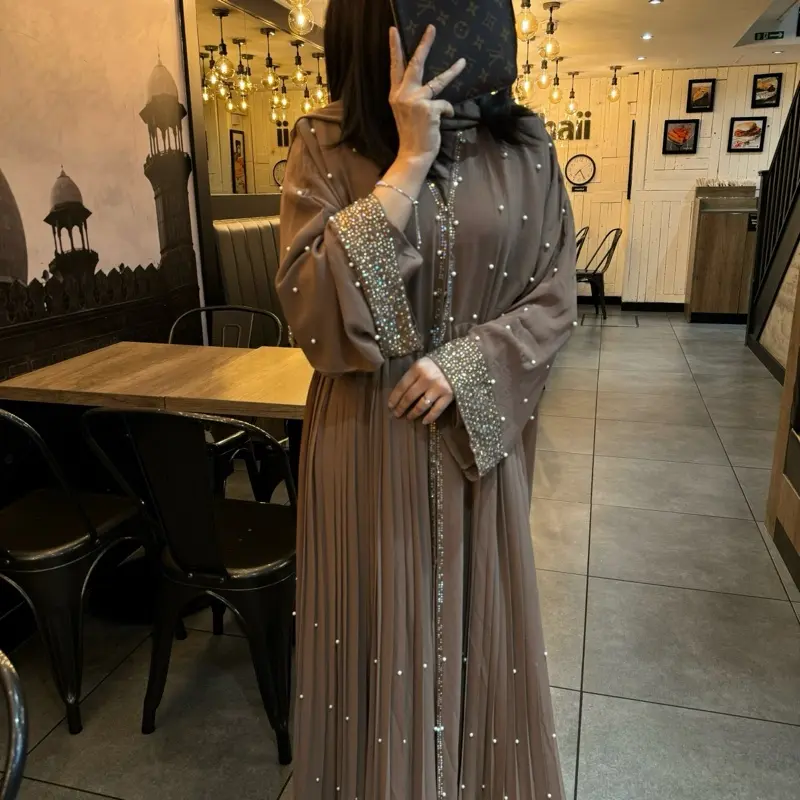 Sahar Gemstone and Pearl Pleated Abaya, Size 50-62, Modest Fashion, Women’s Islamic Clothing, Chiffon Abaya 1