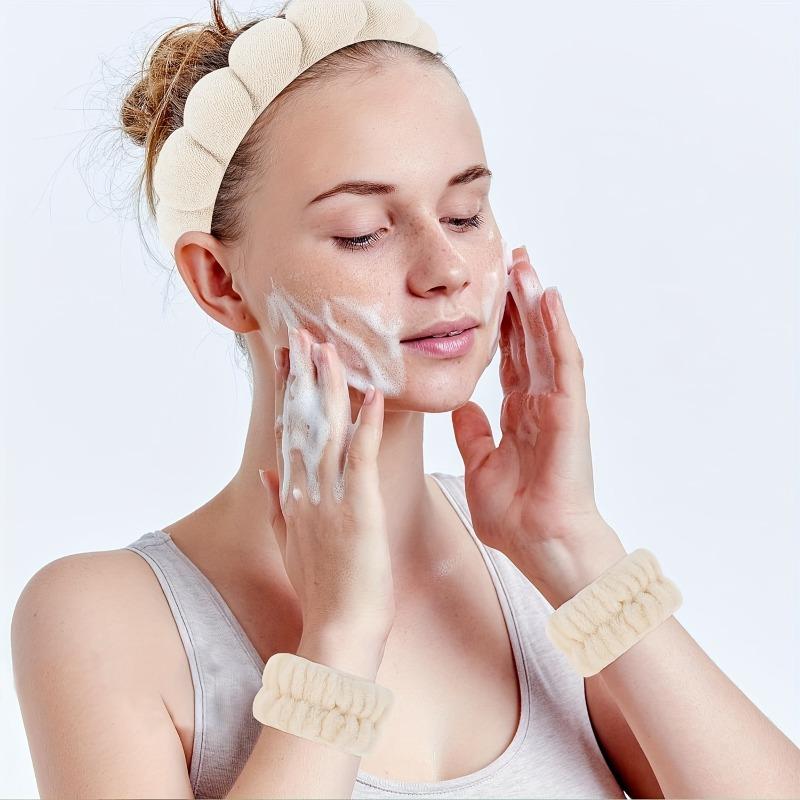Product Introduction of 5pcs Spa Headband & Wristband Set with Hair Claw - Soft, No-Slip Makeup & Skincare Accessories for Women - Includes 4 Colors, Neutral & Maillard Shades 9