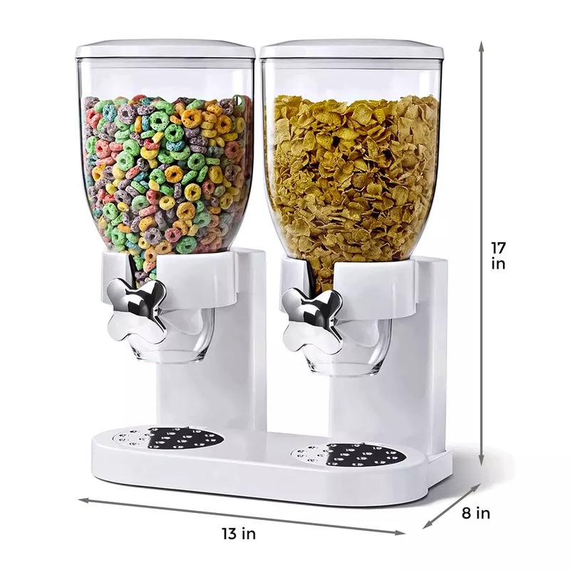 Plastic Double Cereal Dispenser for Home & Kitchen - Great for Cornflakes, Candy, Nuts, Beans, Granola - Tin, Utensils-(White)-(Black) 4