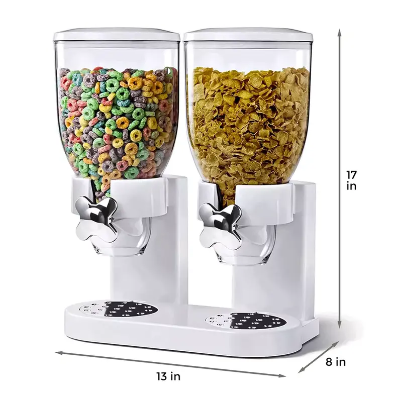 Plastic Double Cereal Dispenser for Home & Kitchen - Great for Cornflakes, Candy, Nuts, Beans, Granola - Tin, Utensils-(White)-(Black) 4