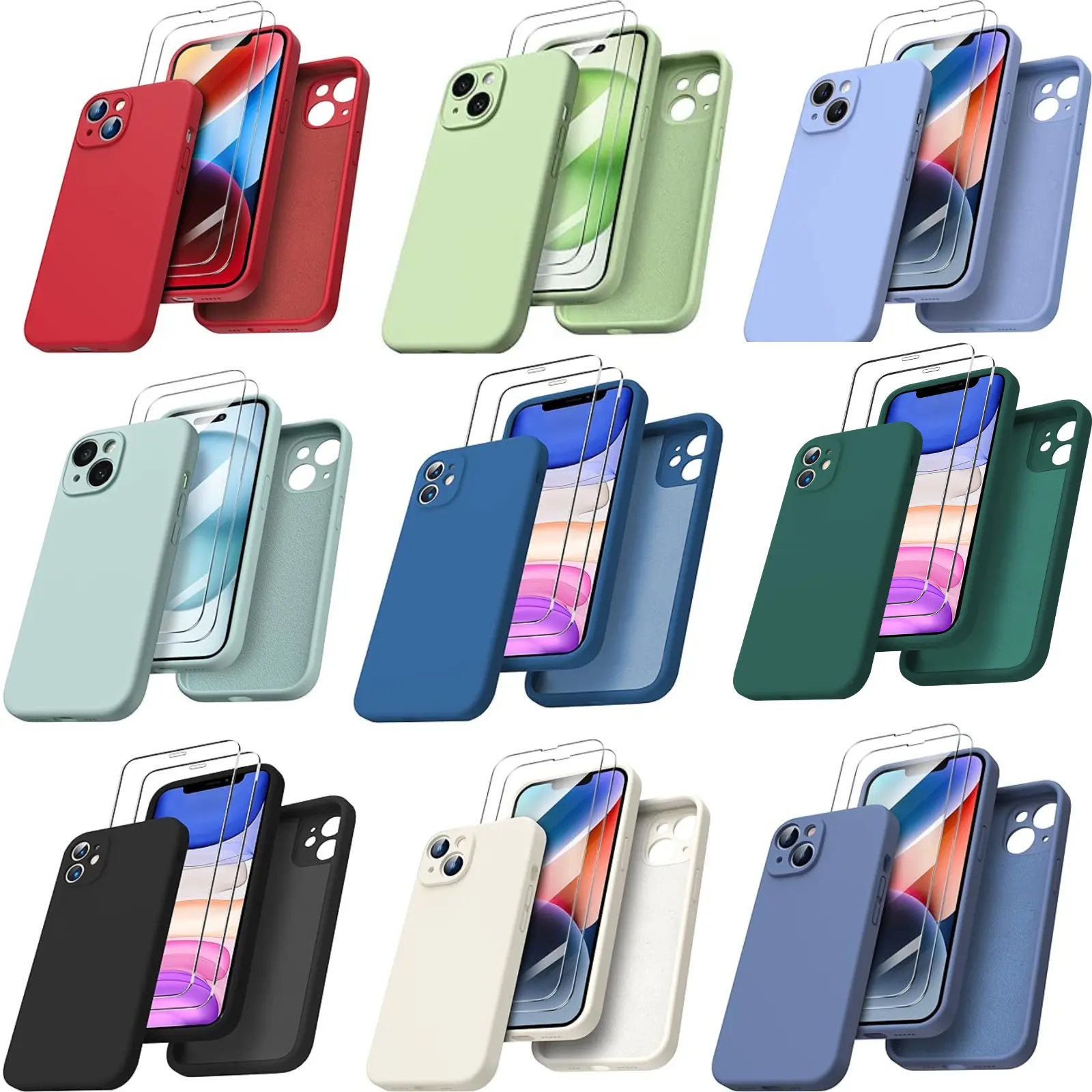2 Piece Protective Phone Case, Protection TPU Cases and Resistance Tempered Glass Crystal Screen Protector for Iphone 14 Plus 13 12 11 Pro Max Mini Shockproof Durable Liquid Silicone Iphone Case Devices Cellphone HandHeld Square for Max Security