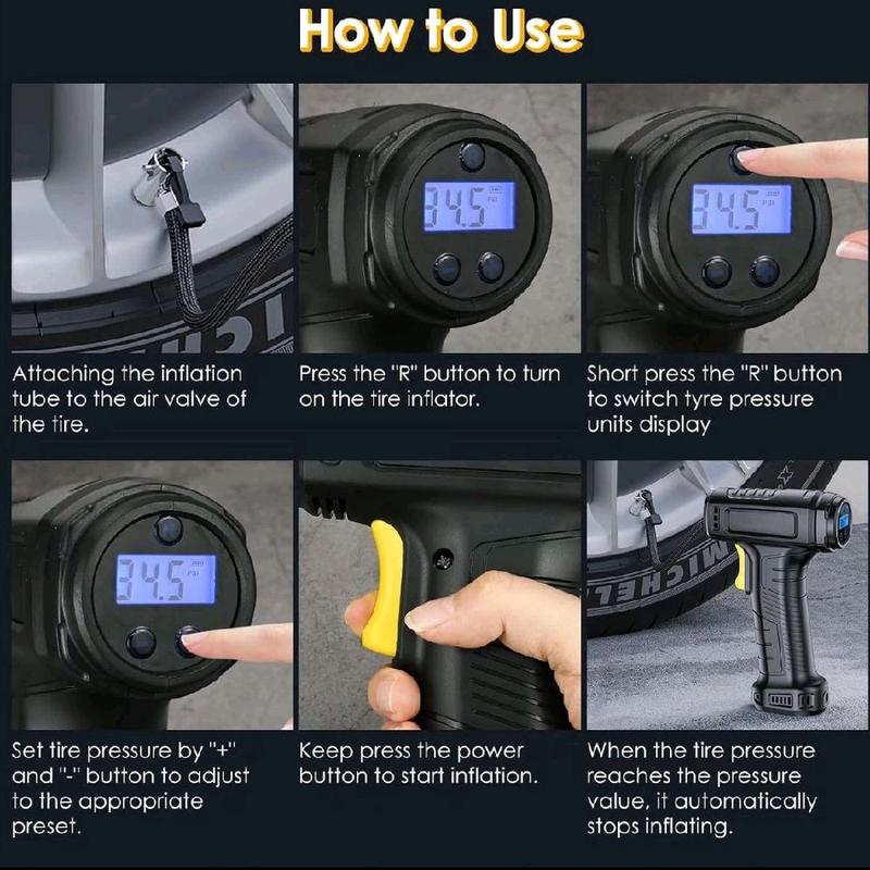 Portable Car Tire Inflator - Rechargeable Wireless Air Pump Car Air Pump Wireless Inflatable Pump 120W Portable Air Compressor Digital Rechargeable Car Automatic Tire Inflator Equipmento wireless tyre 4