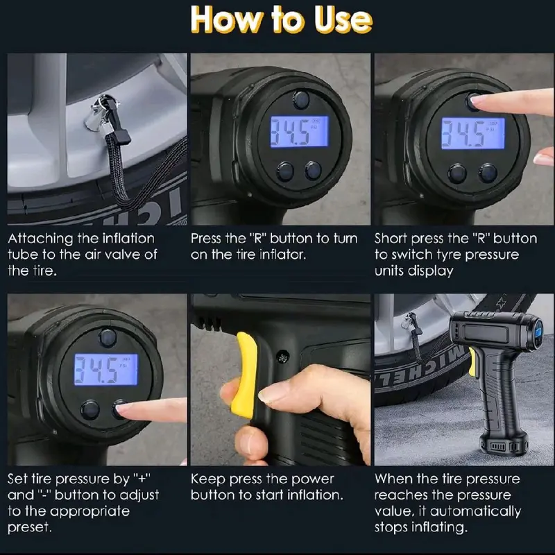 Portable Car Tire Inflator - Rechargeable Wireless Air Pump Car Air Pump Wireless Inflatable Pump 120W Portable Air Compressor Digital Rechargeable Car Automatic Tire Inflator Equipmento wireless tyre 4