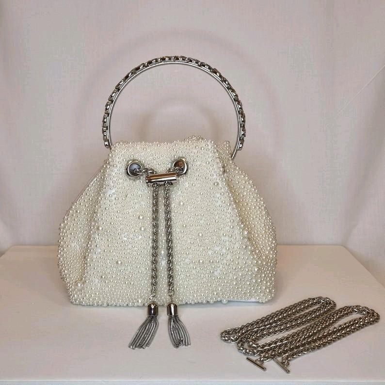 Ivory Pink Pearl Luxury Bon Bon Crystal Diamond Top Handle Tassel Chain Embellished Evening Clutch Bag for Women odourless elegant fashion bags 3