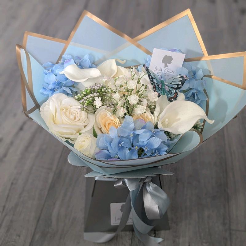Blue Silk Flowers Handtied Bouquet Gift 2