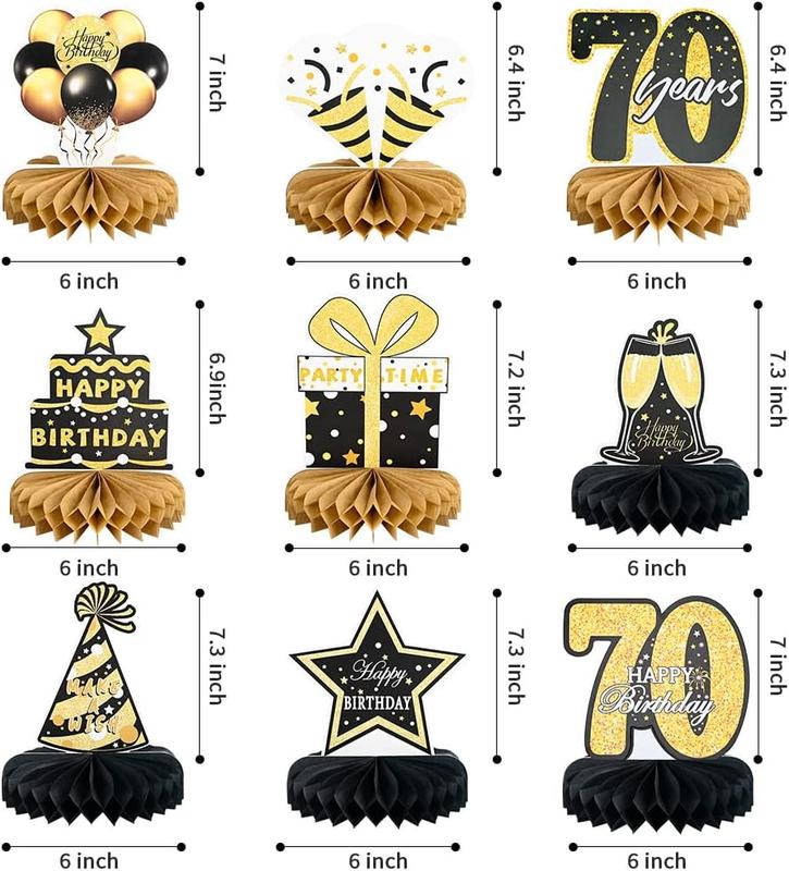 9Pcs 70th Happy Birthday Centerpieces, Black and Gold Happy Birthday Decorations, Happy Birthday Table Toppers for Men and Women, 70 Years Birthday Party Supplies (70 Years) Glass Sticker 2