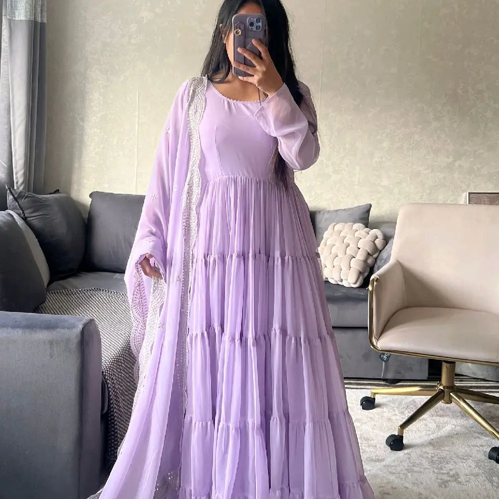Women's Lilac Maxi Dress - Faux Georgette Material - Long Style - Summer Casual Wear - Womenswear