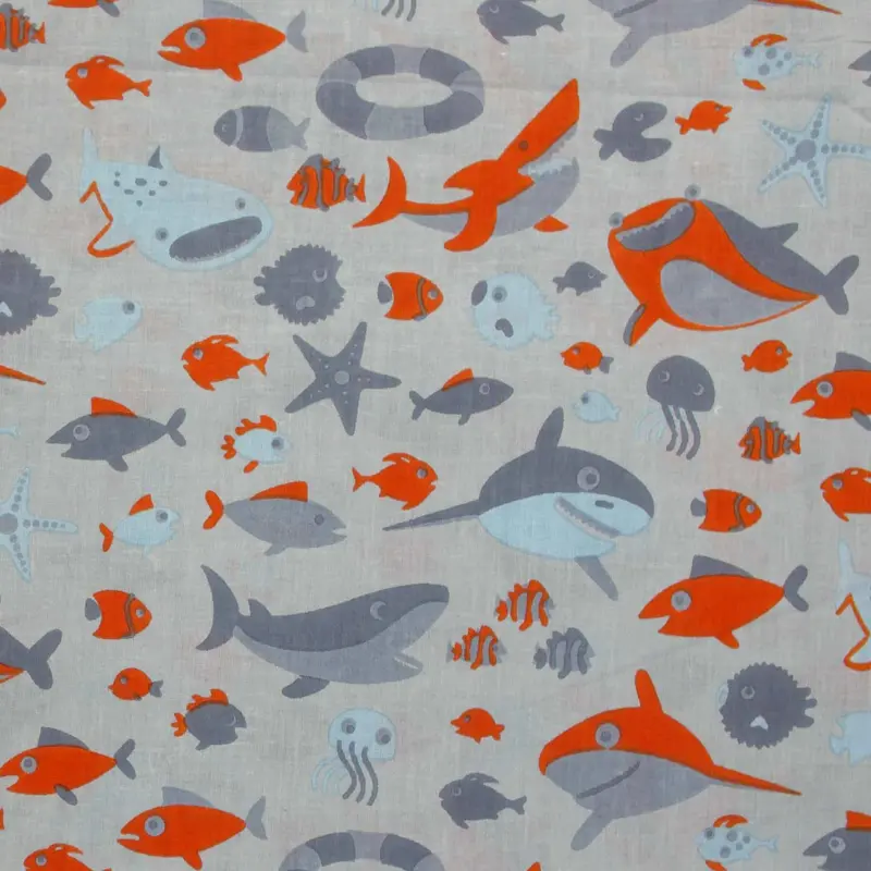 Screen Printed 100% Cotton Orange Whale Print On Grey Women Dress Fabric Design 643 0