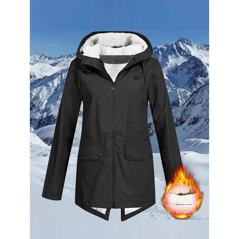 Flap Pockets Zip-up Hoodie Jacket, Casual Long Sleeve Drawstring Windbreaker Jacket For Fall & Winter, Women's Clothing Fabric Womenswear 1