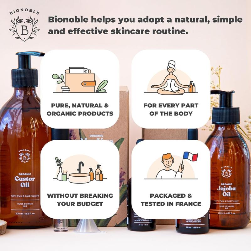 Bionoble Organic Jojoba Oil 50ml - 100% Pure, Natural and Cold Pressed - Face, Body, Hair, Beard, Nails - Vegan and Cruelty Free - Glass Bottle + Pipette + Pump Daily Evening 5
