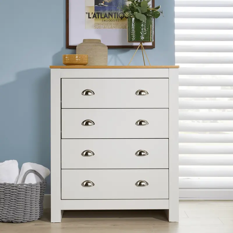 Big Furniture Warehouse Chest 4 Drawers Bedroom Furniture White Oak Top Metal Handles Wooden Nightstand 3