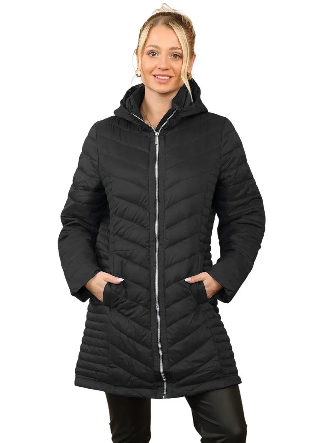 Women's Hooded Puffer Long Sleeve Coat - Casual Fit, Long Length